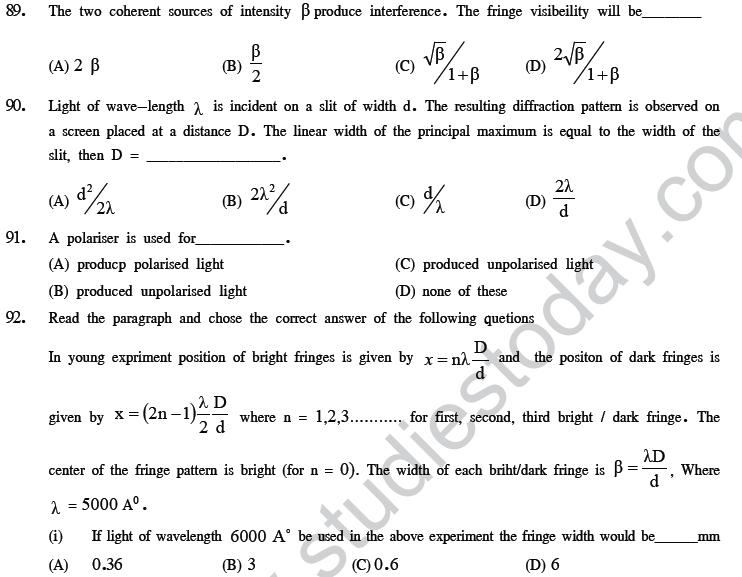 NEET UG Physics Optics MCQs, Multiple Choice Questions